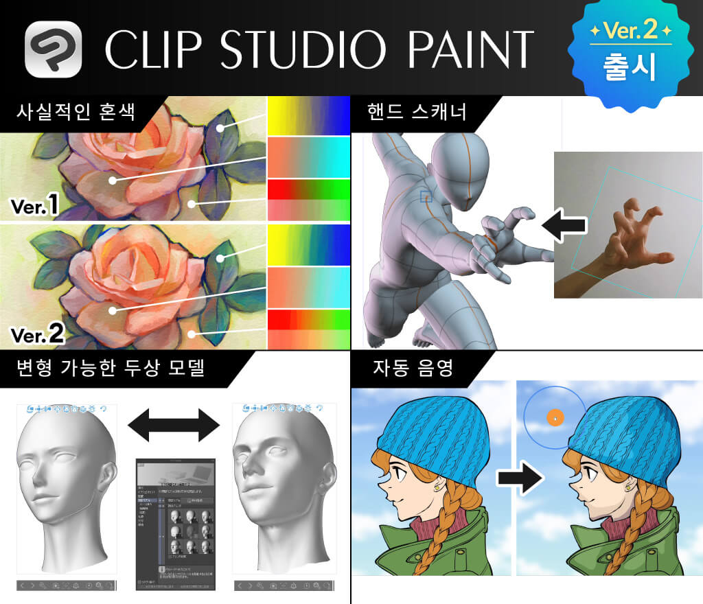 CLIP STUDIO PAINT 버전 2.0 제공 개시 보다 사실적인 브러시 혼색, 얼굴 및 손을 효율적으로 그릴 수 있는 3D 기능  등 다수의 신기능 탑재