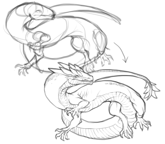 I am drawing dragons for the first time ever! HOW does the anatomy of a  dragon body look like?? I really dont know. Please help, this all looks so  wrong and I