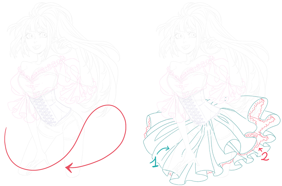 How to draw a frilly dress with a full skirt and puffy sleeves! Art