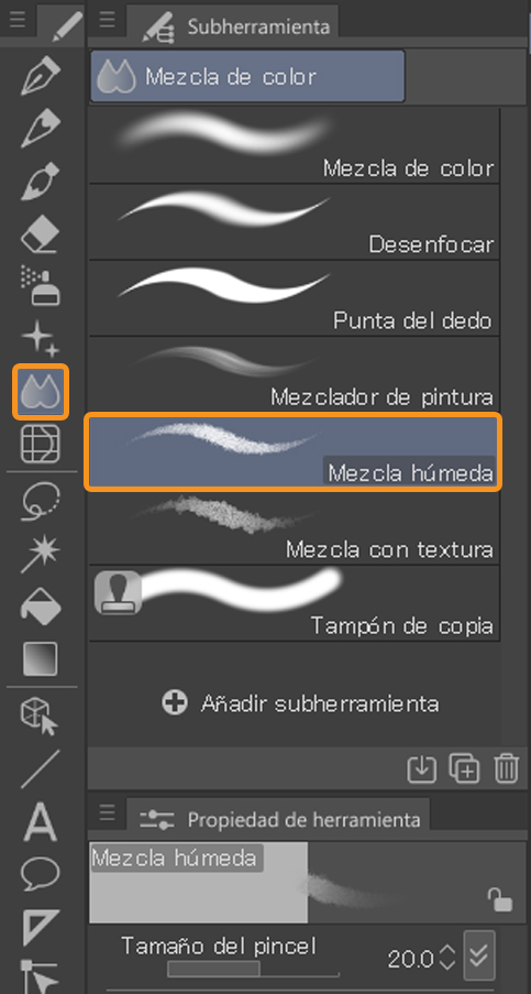 clip studio paint subherramientas herramienta de mezcla mezcla húmeda