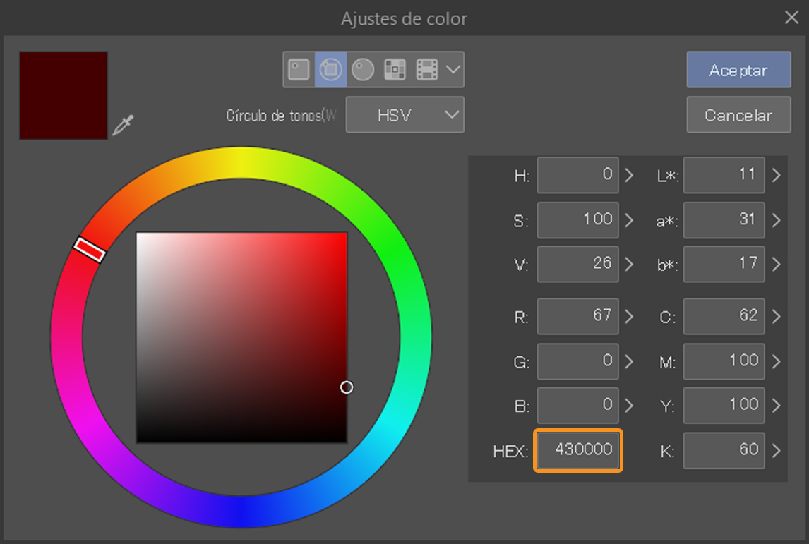 ajustes de color círculo cromático hsv color