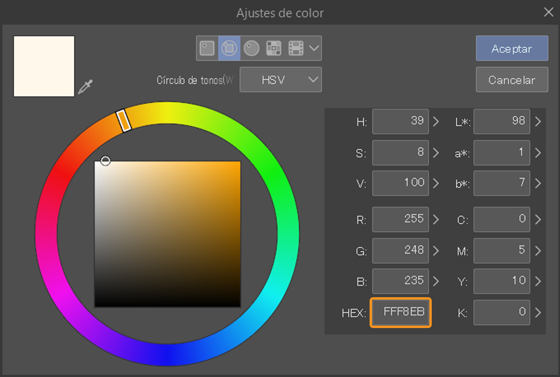 ajustes de color círculo cromático hsv color