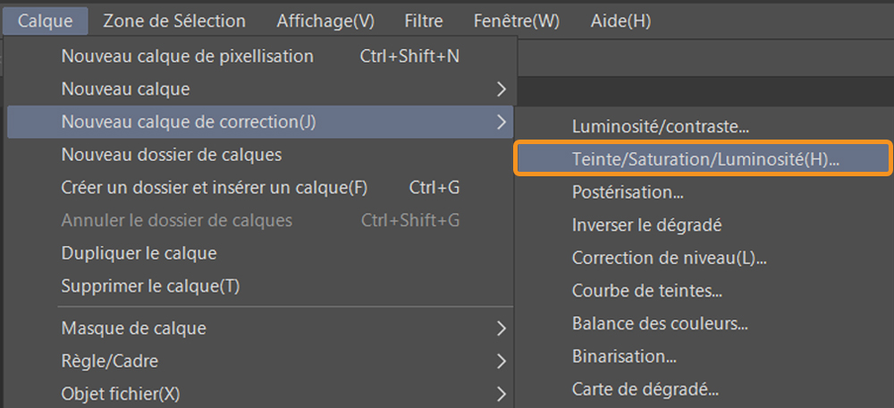 CLIP STUDIO PAINT outils correction calque réglage de la teinte